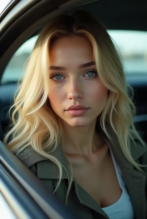 realistic , photorealistic Femme blonde aux cheveux longs dans une voiture avec une veste , Jelena Belova, Anastassija Owtschinnikowa, Petite amie russe, Angelina Stroganova, Anna Nikonova alias Newmilky, Victoria Gavrilenko, irina nordsol kuzmina, Alexand...