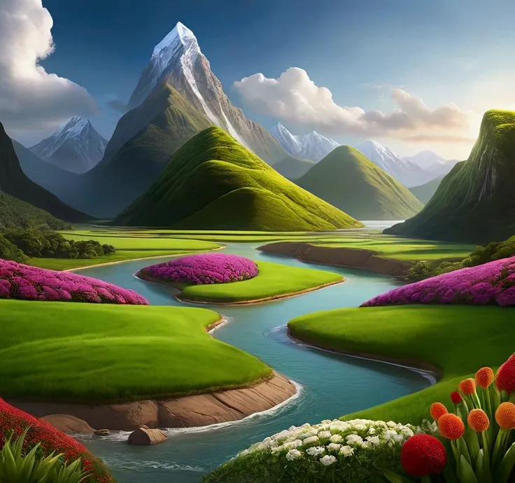 Depict the moment when the land and seas are created. The land appears as lush green fields, mountains, and valleys, while rivers and oceans form around them. Vegetation like trees, flowers, and plants of various shapes and sizes are sprouting from the ear...