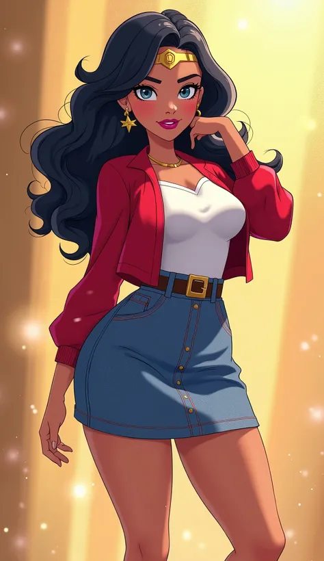 (Close up), (Close up from top of head to bottom of thigh) ((Diana Prince from DC Super Hero Girls 2019)), Diana is a slender, beautiful and tall and tan-skinned young Amazonian demigod with an athletic and fit hourglass figure, thick black eyebrows, sky-b...