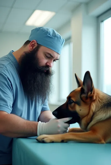 chubby veterinarian wearing veterinary cap, with a completely black and long big beard, treating a German Shepherd dog lying on its side with medicine, in a very bright and clean clinic , real photo