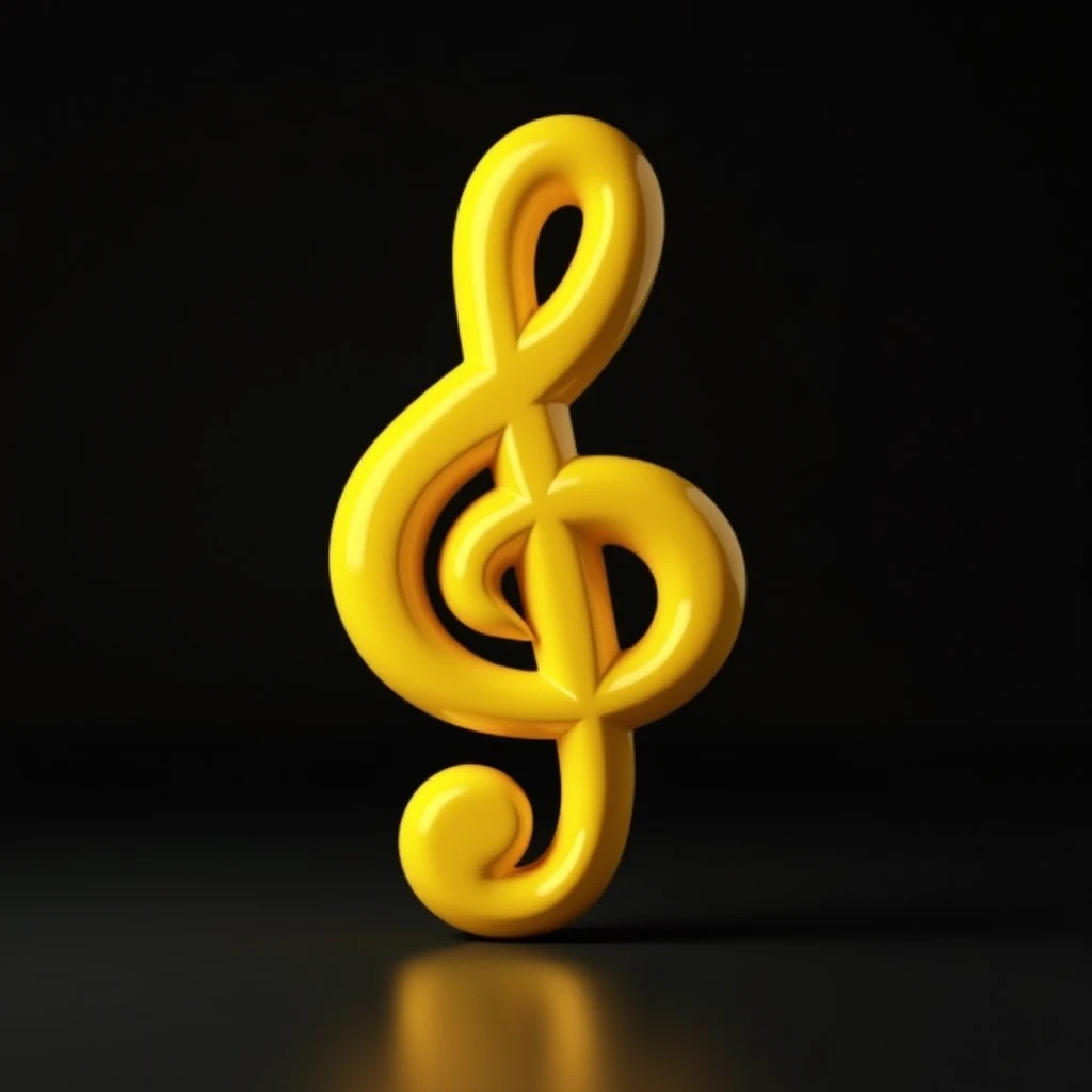 Professional photo, Visualization, double musical note treble clef, 3d Visualization, voluminous, made of yellow plastic, black background, studio light
