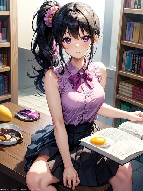 Masterpiece 1 Girl, Medium breasts, Solitary, Araragi Karen, Hair accessories, Egg Hair accessories, Side Ponytail, Black Hair, food-themed Hair accessories, fried Egg, Looking at the audience, Egg (food), Long hair, (Dark Eyes:1.1), Purple skirt, Sleevele...