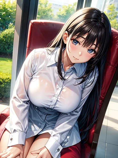 Close-up：A woman in a white shirt sits on a chair, Beautiful young Korean woman, White clothes are transparent, breast，You can see