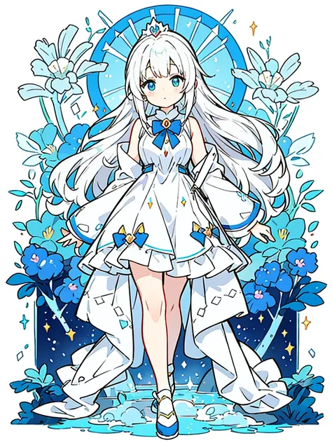 Height: about 120cm、Cute art style, Anime Style 4k,wonderful, Full Body Shot, Detailed face, Detailed eyes、Princess Kaguya、moon、snow、Cute Face、Agelessness、blue eyes、White Hair、Transparent clothing、Easy-to-change clothes、shoes、Predominantly blue and white c...