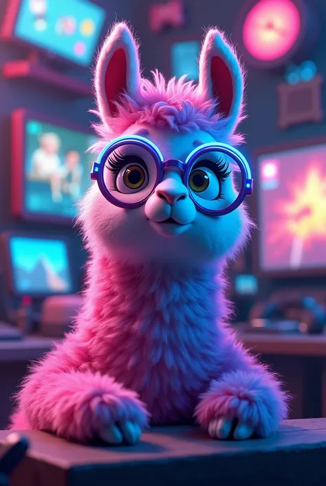 I WANT YOU TO CREATE A LLAMA THAT HAS GLASSES AND IS WATCHING VIDEOS, MAS COLOR GAMER

