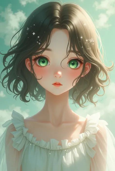 Girl with emerald green eyes, snow-white skin, very light brown hair, shoulder-length wavy hair, anime 
