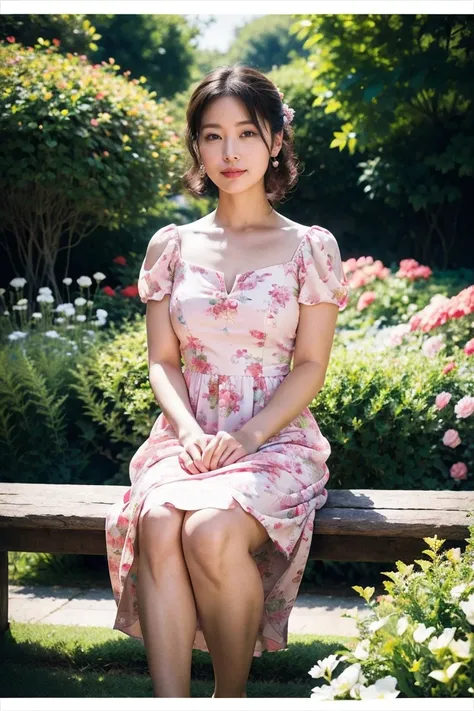 bestquality,masterpiece,high resolusion,8k photo,arafed woman Wearing a dress sitting on a bench in a garden, Color photograph by Evelyn Ness, Flicker, Romanticism, 1950s Style, dressed in a Floral Dress, Wearing a pink floral gown, Floral Dress, 素敵なWearin...