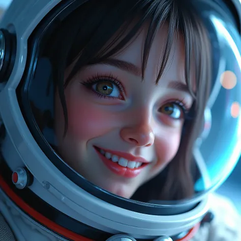 a smiling girl student astronaut floating in outer space, beautiful detailed eyes, beautiful detailed lips, extremely detailed eyes and face, long eyelashes, astronaut suit, futuristic, cinematic lighting, volumetric lighting, vibrant colors, highly detail...