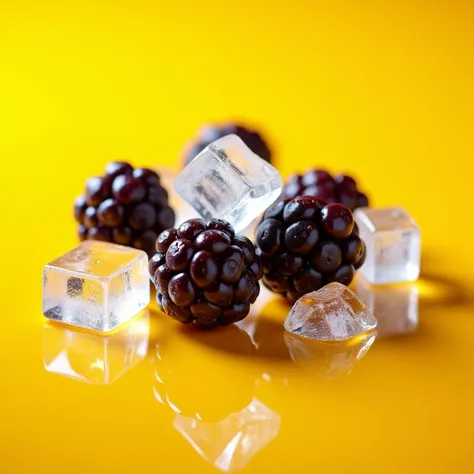 Blackberry fruit with ice cubes yellow background