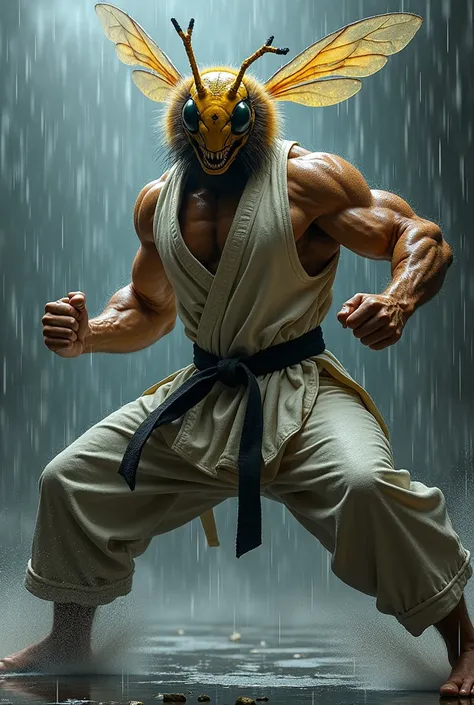 Make a picture of a muscular bee-headed man fighting karate in the rain