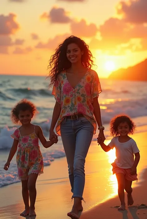 (Photorealism: 1.2), beautiful, white woman, dark brown hair, walking next to a friend and two children on the beach, dressed in a colorful blouse with jeans, long curly hair, on the beach 
 The sunset, relaxed pose, realistic and complex details. bibrant ...