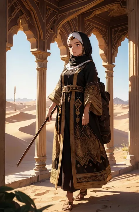 Maria, age early 20s, Middle Eastern or South Asian ethnicity, traditional desert attire, hijab, abaya, long robes, worn leather backpack, water bottle, walking stick, expression of introspection and questioning , standing posture, slight lean forward, vas...