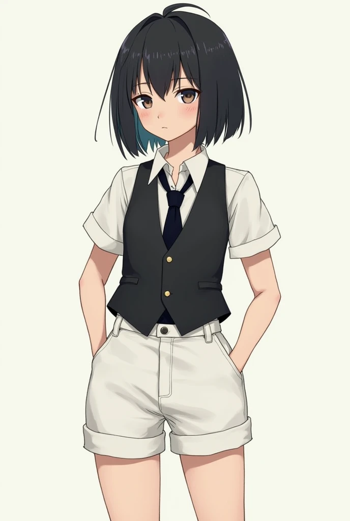 Thin with a small waist, Shoulder-length, poorly cut black hair, a small tuft of hair on the top of the head, white short-sleeved collared shirt covered with a black vest, complemented with a tucked-in tie and white shorts, height 1.53