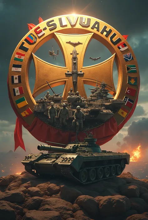 Orb logo and image of Bundeswehr cross logo IN GOLD COLOR behind. , Inside the orb there are soldiers, Tanks, Bombers and battleships., On the front a red ribbon with the name Wehrmacht Korps in gold letters around the globe flags of the Latin American cou...