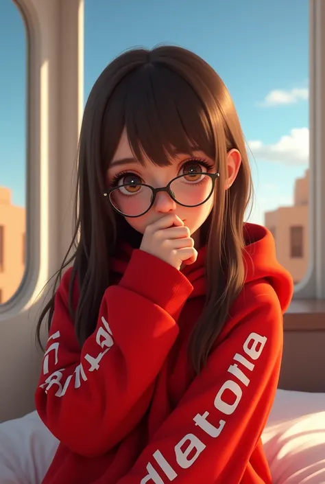 A mesmerizing surreal portrait of a young girl named Vitoria, with long, brown hair parted in the middle and expressive brown eyes. She dons adorable glasses and a striking red hoodie with her name emblazoned on the sleeve. Playfully covering her mouth wit...