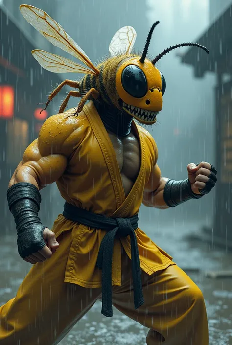 Make a picture of a muscular bee-headed man fighting karate in the rain