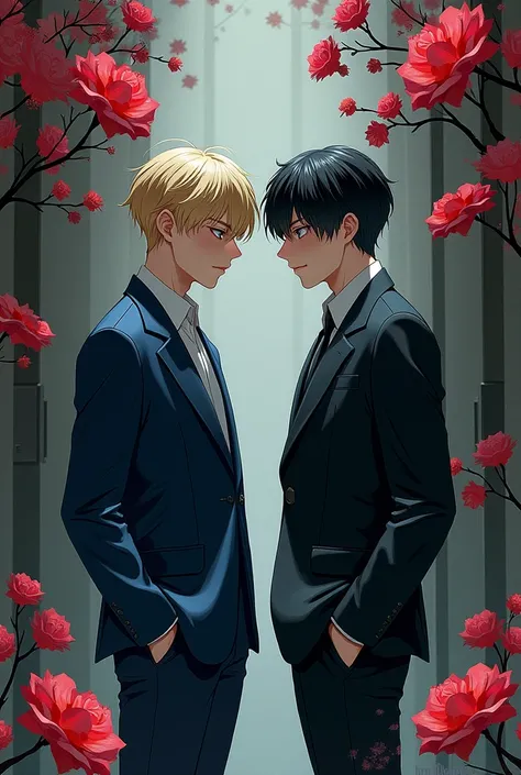 Book cover of a 2 alpha-built boy in a blond, blue-eyed manwha-style suit approaching a 2 omega-black-white-haired boy against a wall with his arm in an alley. Book cover with gunmy-style flowers with the title DEAD END 