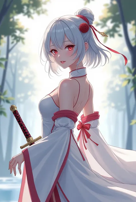 1 female character with light blue white hair, wine red eyes, wearing a white ao dai with red border and a bow on the dress, a sword on her hip Mature cuteness 