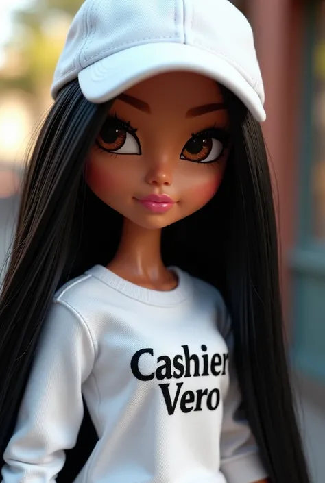 A bratz doll with long, straight black hair and light skin and brown eyes  , He is wearing a white cap and a white sweatshirt that bears his name. " cashier vero ".
The doll can be seen from the navel up