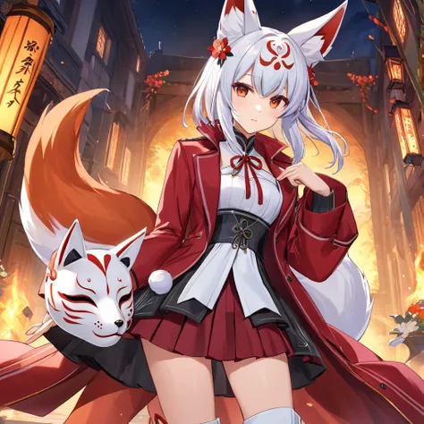 1 Girl,Solitary,, Official Art, Unity 8k wallpaper, Extremely detailed, Beautiful and aesthetic, Beautiful, masterpiece,, Fox Demon, Fox Mask, Short coat, Foxfire Curse, Fox Guardian, Transformation,