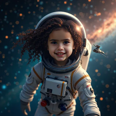 a smiling curly-haired girl astronaut student floating in deep space, detailed beautiful face, detailed beautiful eyes, detailed beautiful lips, detailed realistic astronaut suit, detailed realistic spacecraft, detailed stars and nebulae, highly detailed, ...