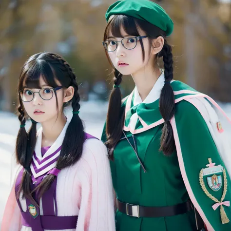 photo realistic, photo realistic, twintail braid blueandpink hair, beret, glasses church twins adultwoman sisters black eyes, longsleeve greenuniform, greenberet greenskirt cape girlscout korean sash belt neckerchief meritbadge skillrange backpack snow chr...