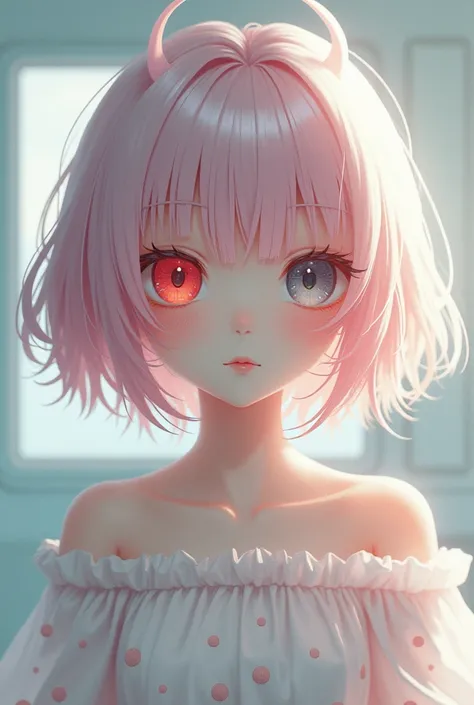 A girl with one red eye and the other grey,pastel pink hair and dark pink bottom,short hair,hospital clothing with dots,very beautiful and cute 