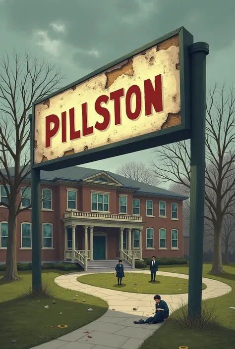 A book cover entitled “Postcards From Pillston: Reflections on America’s Crappiest College”. The cover image is a college campus building in slight disrepair. Disheveled students are scattered around the campus. The sign reading “Pillston College” is broke...