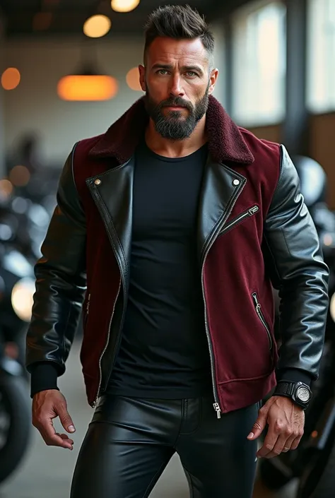 master piece, HD wallpaper, 4k hombre australiano handsome y musculoso )(hairy body) strong and muscular legs tight leather pants, Two-tone T-shirt with a spectacular fashion leather and velvet jacket, Fashion, modern surrealist print,, close up, perfect f...