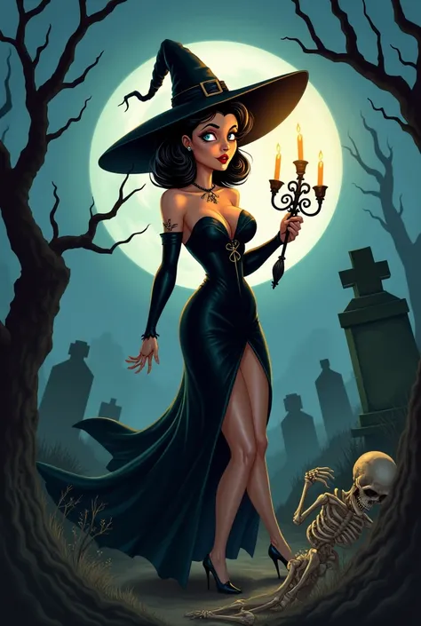 create a two-dimensional illustration, of a very very sexy girl, with beautiful legs like Betty Boop and sensual lips, She was very scared because a somby&#39;s hand came out from under the ground and grabbed her leg while she was walking through a spooky ...