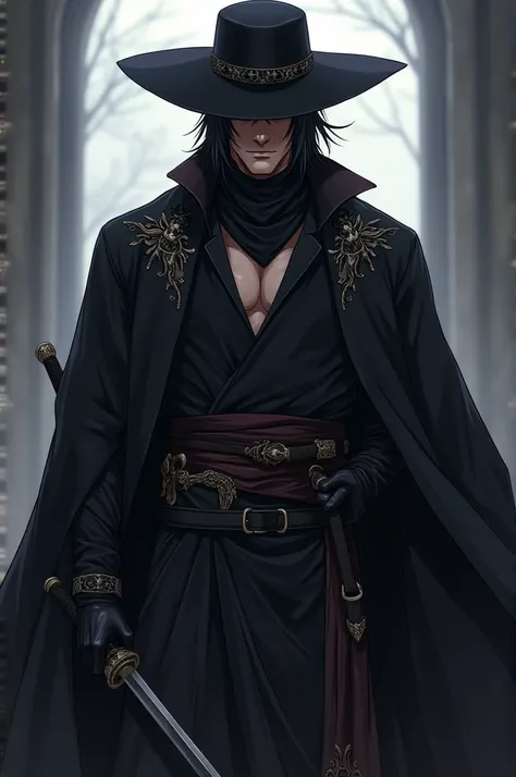 A tall man in a cape and a blouse with his chest open, he is muscular and wears a musketeer hat, wears a scarf that covers his mouth and nose, all of his clothes are black and he carries a black bladed saber, anime