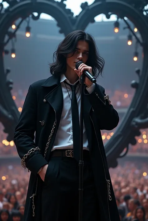 artwork best quality realistic image handsome american male teenager long black hair light skin wearing black closed overcoat with hanging chains, white button down shirt with black tie and black pants. holding a black microphone in front of a giant black ...