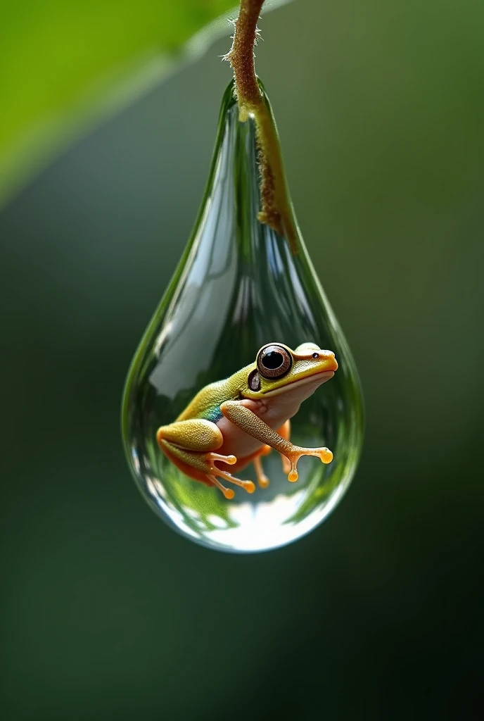 a ultra close up tiny little flat tree frog in a raindrop,