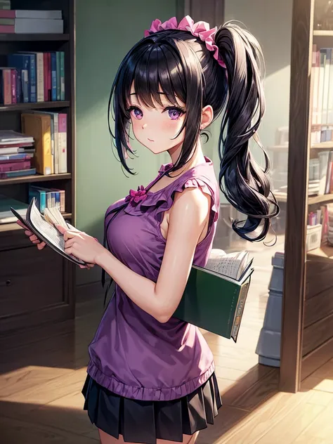 Masterpiece 1 Girl, Medium breasts, Solitary，Hair accessories, Hair accessories, Side Ponytail, Black Hair,  Hair accessories, Looking at the audience,  Long hair, (Dark Eyes:1.1), Purple skirt, Sleeveless, Pink shirt, Operation, books, Take a pencil, gigg...