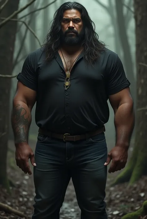 Make a 1970s style dark fantasy image of a man of indigenous descent with long dark hair that reaches his butt, brown eyes, wearing a black blouse and jeans. Your body is large and has natural muscles to carry weight., having a tendency to be obese because...