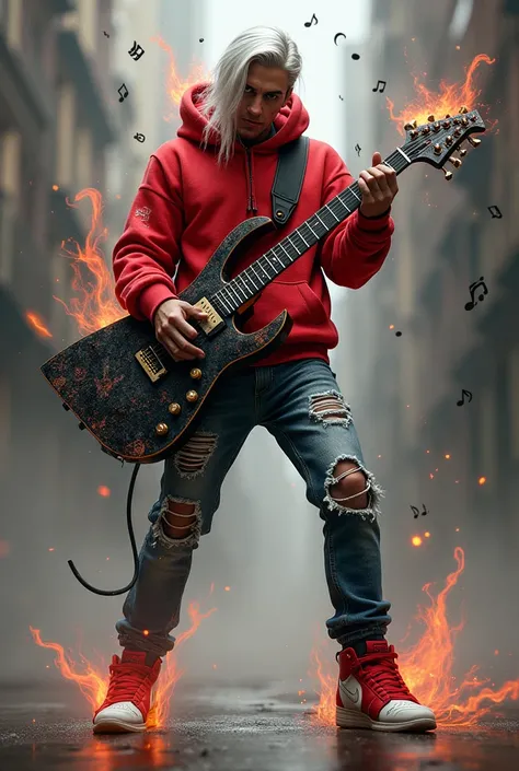 White haired man with black eyes wearing a red sweatshirt with melodies in the middle with ripped jeans with red and white Nike sneakers with a shiny white katana-shaped guitar doing a power coke attack with black melodies around him