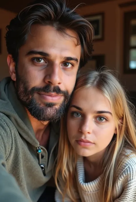 Photorealistic 16k ultra realistic super detailed man dark brown hair and brown eyes with his daughter (8 years) blonde blue eyes long hair taking a first person selfie in the living room