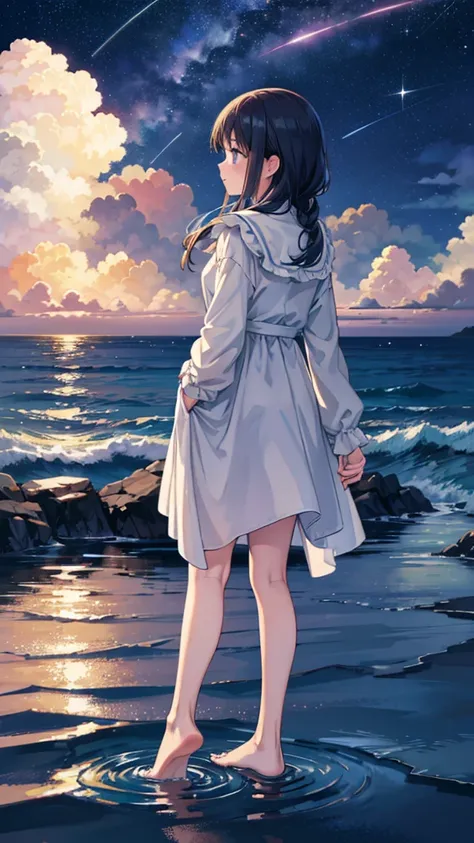 ((Masterpiece of the highest quality)), night, Thin clothes, girl, Put one foot in the water with only the toes, girl standing, girl sideways, girl between the horizon and the sea, View from the side, The water ripples from the toes, The scene of the incid...