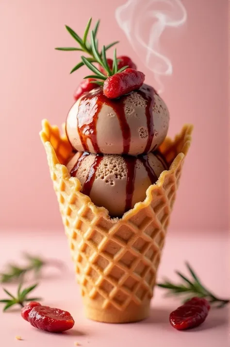 Create a delicious looking BBQ ice cream image with the following characteristics::

Light brown ice cream with deep red streaks of BBQ sauce, placed in a golden crispy waffle cone, topped with small pieces of A5 medium rare wagyu beef and rosemary leaves....