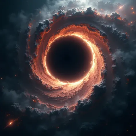  3d "Generate a mesmerizing deep space image with a massive black hole, swirling cosmic dust, and intense gravitational forces."