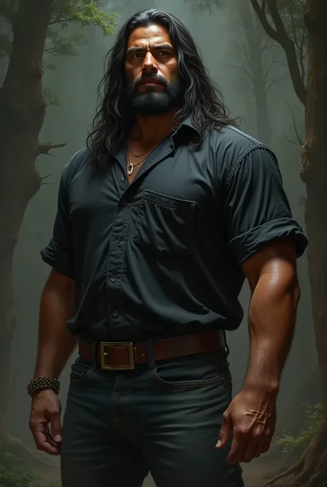 Make a 1970s style dark fantasy image of a man of indigenous descent with long dark hair that reaches his butt, brown eyes, wearing a black blouse and jeans. His body is large and naturally muscular., your height is two meters, his appearance is that of a ...