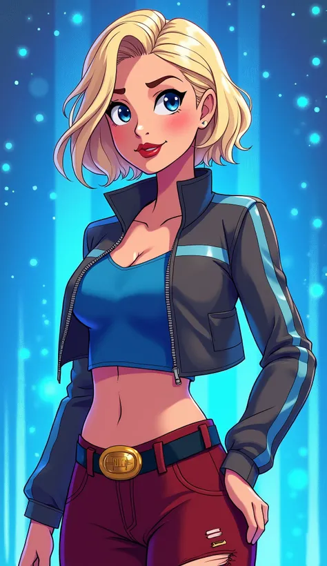 (Close up), ((Kara from DC Super Hero Girls 2019)), short blonde hair, Kara is an attractive, fair-skinned teenage Kryptonian with a muscular-yet-curvaceous figure, and short blonde hair with paler-colored streaks, cut into a messily  -styled bob cut with ...