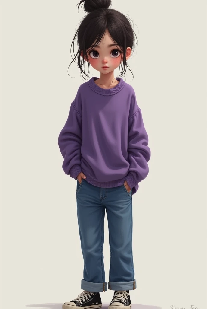 Draw a girl with a skinny purple sweater with a little acne and jeans, black sneakers black eyes