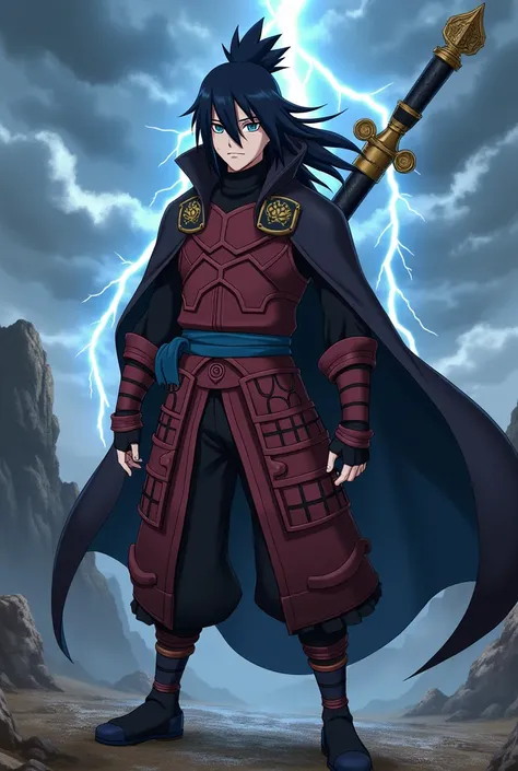 Create a Boruto-style version of Madara Uchiha, returned in "Two Blue Vortex" and allied with Boruto.

Madara Uchiha appears with a modernized and imposing look, blending his classic essence with the contemporary style of "Boruto." His skin is fair, and hi...