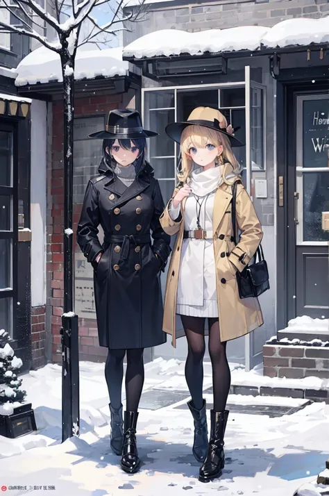 girl、front view、Standing posture、Full body view、Detective、hat、Trench coat、Winter clothes、Simple Background、Top Quality、8k