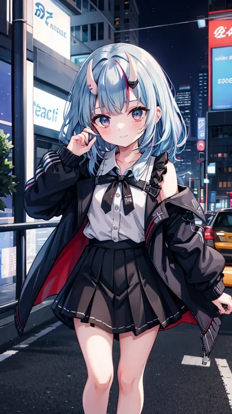 1 girl, black_skirt, blue_hair, architecture, [city, [cityscape, hair_between_eye, jacket, searching for_exist_viewer, medium_ha...