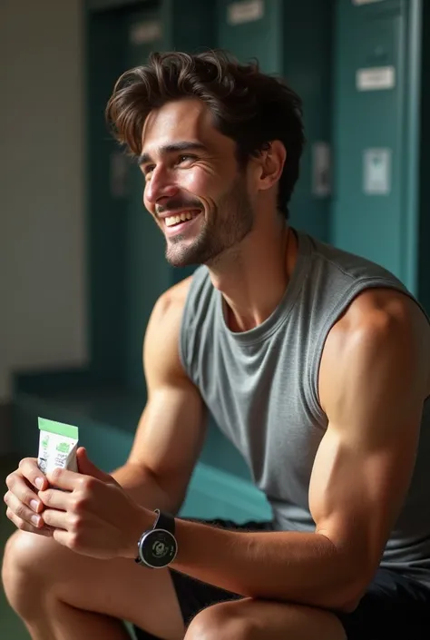 Young male athlete, smiling, in his 20s, Mediterranean type, after regular training day, sitting in the locker room, wearing sleeveless t-shirt, sweaty, focus on holding pouch of snacks, to regain energy, hyperdetailed photography, side low angle shot, dep...