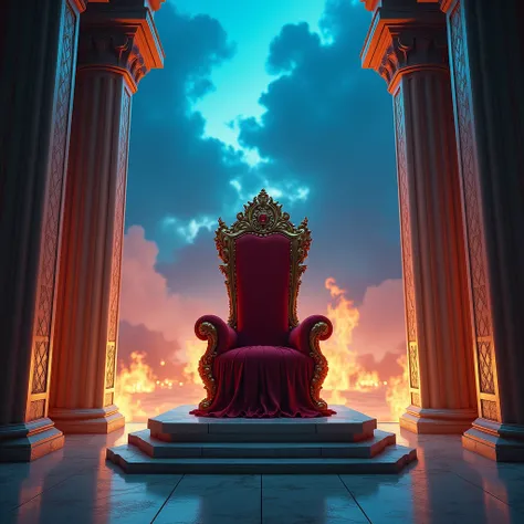 (high resolution) (best quality) (high detail) ( ultra detailed), (cinematic), (Ultra HD) (seen from above 360 degree lens), in 3Dmake a king&#39;s throne, in a bright environment with luxury pillars against the background of a burning blue night sky fire ...