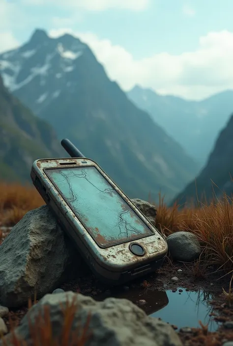  old and damaged cell phone. With a picture of a mountain with a blank space where someone should be 