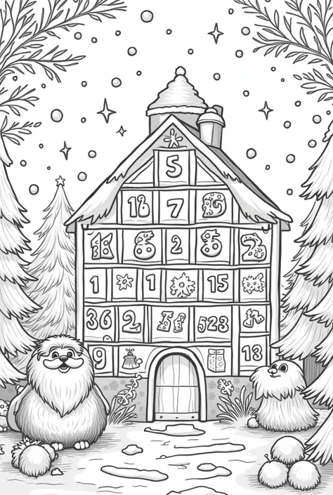 Black and white drawing to color Advent calendar with days